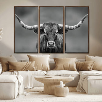 81228550-MGV-CV-36X24-Framed Texas Longhorn Bull Art Canvas Print, Western Bull Wall Art Print, Long Horn Bull Photo Print for Log Cabin, Large Bull