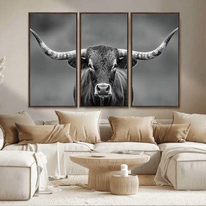 81228550-MGV-CV-36X24-Framed Texas Longhorn Bull Art Canvas Print, Western Bull Wall Art Print, Long Horn Bull Photo Print for Log Cabin, Large Bull