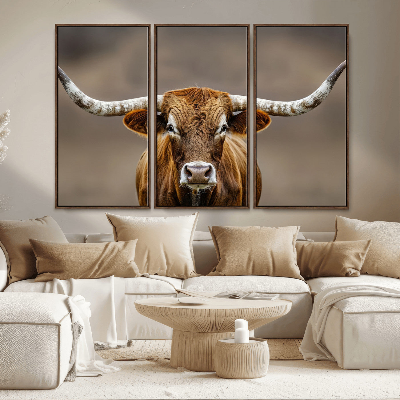 12179171-MGV-CV-36X24-Texas Longhorn Wall Art Canvas Print, Framed Brown Bull Art Picture Print, Lone Cattle Perfect Rustic Western Decor Artwork
