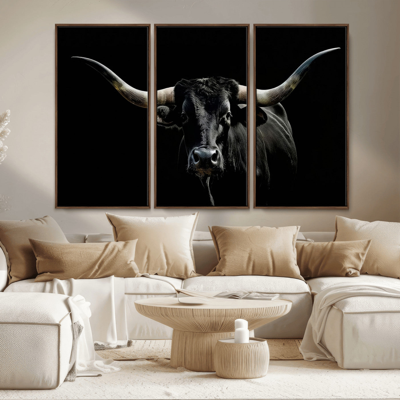 37531960-MGV-CV-36X24-Black Longhorn Bull Wall Art – Dramatic Western Cattle Canvas Print, Rustic Farmhouse Animal Artwork for Living Room, Bedroom,