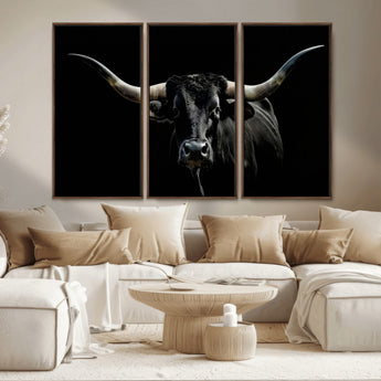 37531960-MGV-CV-36X24-Black Longhorn Bull Wall Art – Dramatic Western Cattle Canvas Print, Rustic Farmhouse Animal Artwork for Living Room, Bedroom,