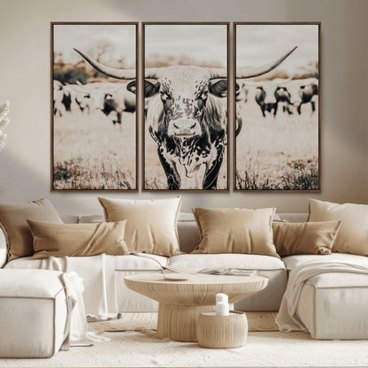 27497342-MGV-CV-36X24-Texas Longhorn Wall Art Canvas Print, Framed Speckled Cow Art Picture Print, Horned Cattle Perfect Rustic Western Decor Artwork