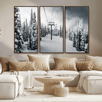 31156828-MGV-CV-36X24-Snowy Pines Wall Art Canvas Print, Framed Ski Lift Art Picture Print, Winter Forest Perfect Moody Lodge Decor Artwork