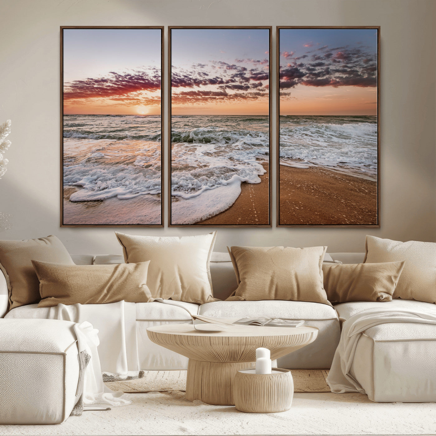 39846389-MGV-FC-48X32-3P_Walnut-Ocean Sunset Wall Art Canvas Print, Framed Sandy Shore Art Picture Print, Gentle Waves Perfect Minimalist Coastal Decor Artwork