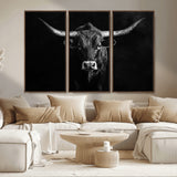 42077175-MGV-CV-36X24-Texas Longhorn Wall Art Canvas Print, Framed Monochrome Bull Art Picture Print, Horned Bull Perfect Rustic Western Decor Artwork