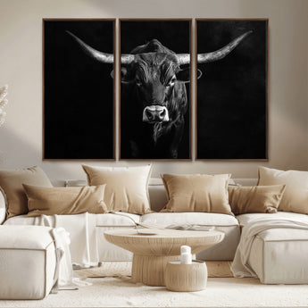 42077175-MGV-CV-36X24-Texas Longhorn Wall Art Canvas Print, Framed Monochrome Bull Art Picture Print, Horned Bull Perfect Rustic Western Decor Artwork