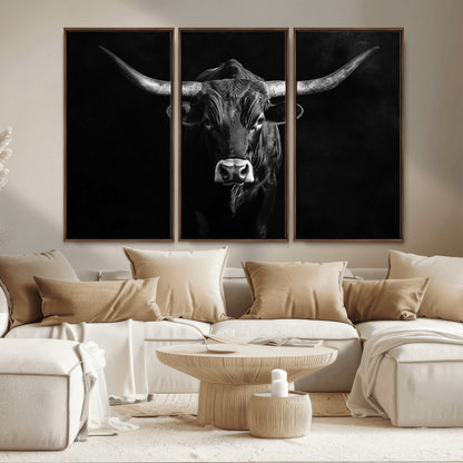 42077175-MGV-CV-36X24-Texas Longhorn Wall Art Canvas Print, Framed Monochrome Bull Art Picture Print, Horned Bull Perfect Rustic Western Decor Artwork