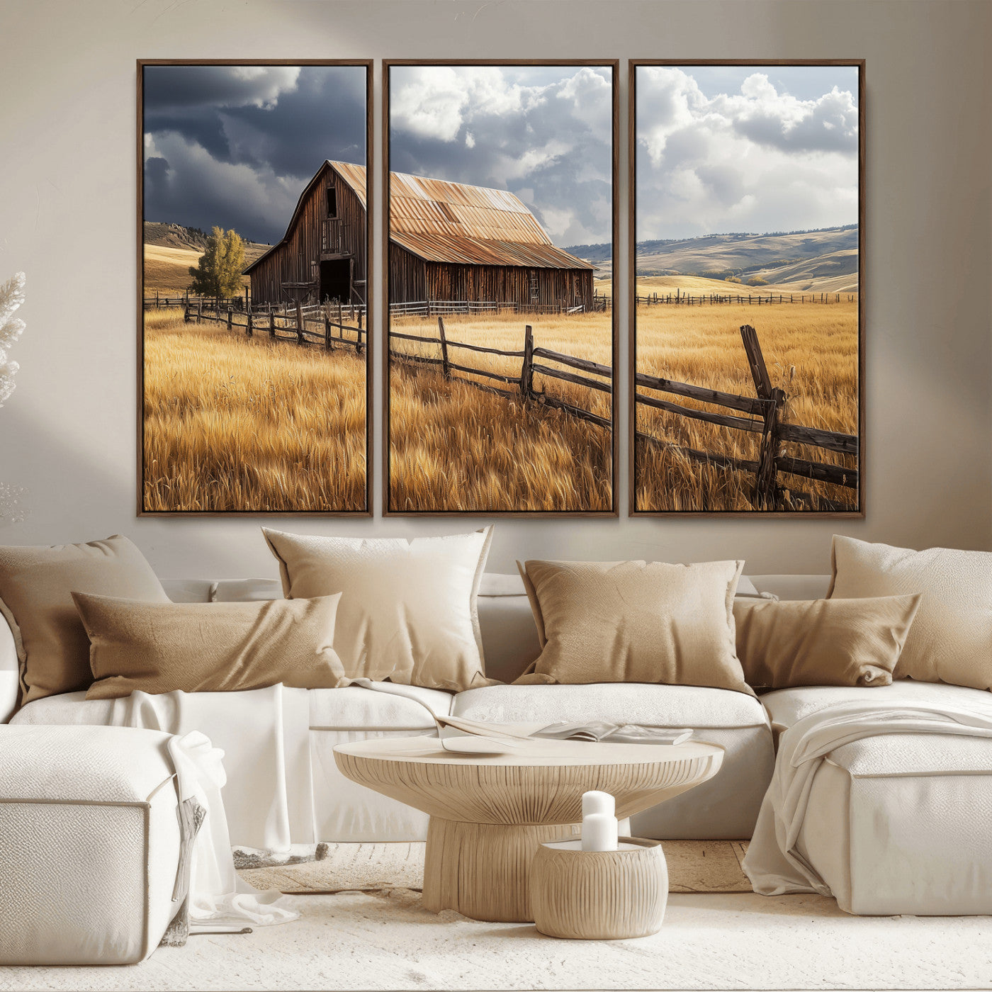 38758826-MGV-FC-48X32-3P_Walnut-Rustic Barn Wall Art Canvas Print, Framed Moody Barn Art Picture Print, Golden Field Perfect Rustic Farmhouse Decor Artwork