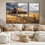 38758826-MGV-FC-48X32-3P_Walnut-Rustic Barn Wall Art Canvas Print, Framed Moody Barn Art Picture Print, Golden Field Perfect Rustic Farmhouse Decor Artwork