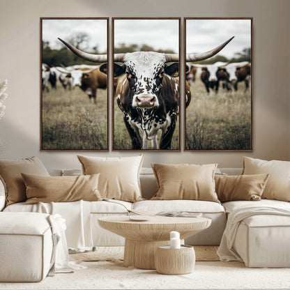 79025945-MGV-CV-36X24-Texas Longhorn Wall Art Canvas Print, Framed Speckled Cow Art Picture Print, Horned Cattle Perfect Rustic Western Decor Artwork