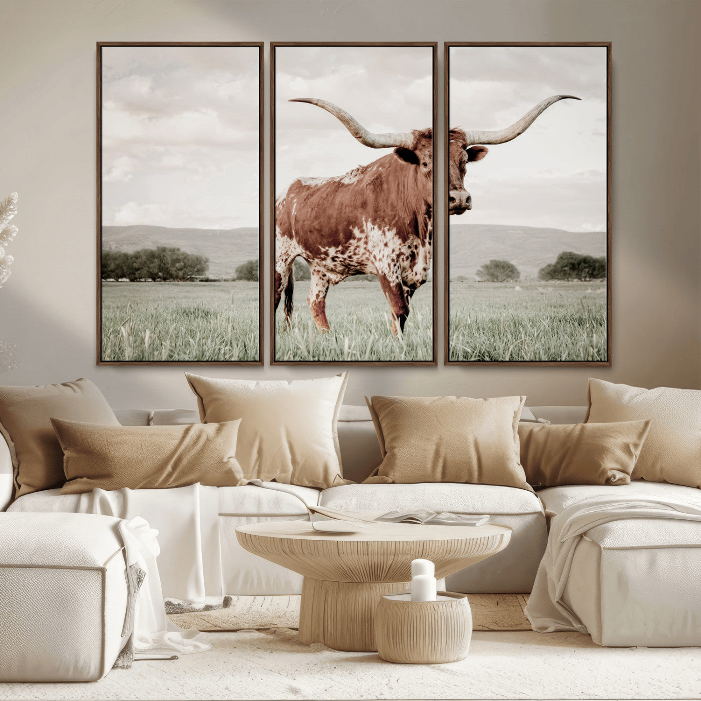 28309012-MGV-CV-36X24-Texas Longhorn Wall Art Canvas Print, Framed Spotted Cattle Art Picture Print, Horned Bull Perfect Rustic Western Decor Artwork