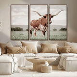 28309012-MGV-CV-36X24-Texas Longhorn Wall Art Canvas Print, Framed Spotted Cattle Art Picture Print, Horned Bull Perfect Rustic Western Decor Artwork