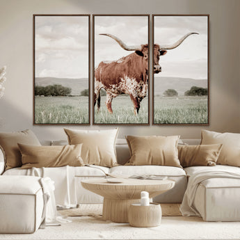 28309012-MGV-CV-36X24-Texas Longhorn Wall Art Canvas Print, Framed Spotted Cattle Art Picture Print, Horned Bull Perfect Rustic Western Decor Artwork