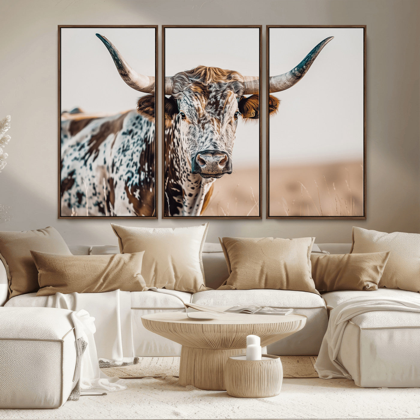 70414966-MGV-CV-36X24-Texas Longhorn Wall Art Canvas Print, Framed Speckled Cow Art Picture Print, Horned Bull Perfect Rustic Western Decor Artwork