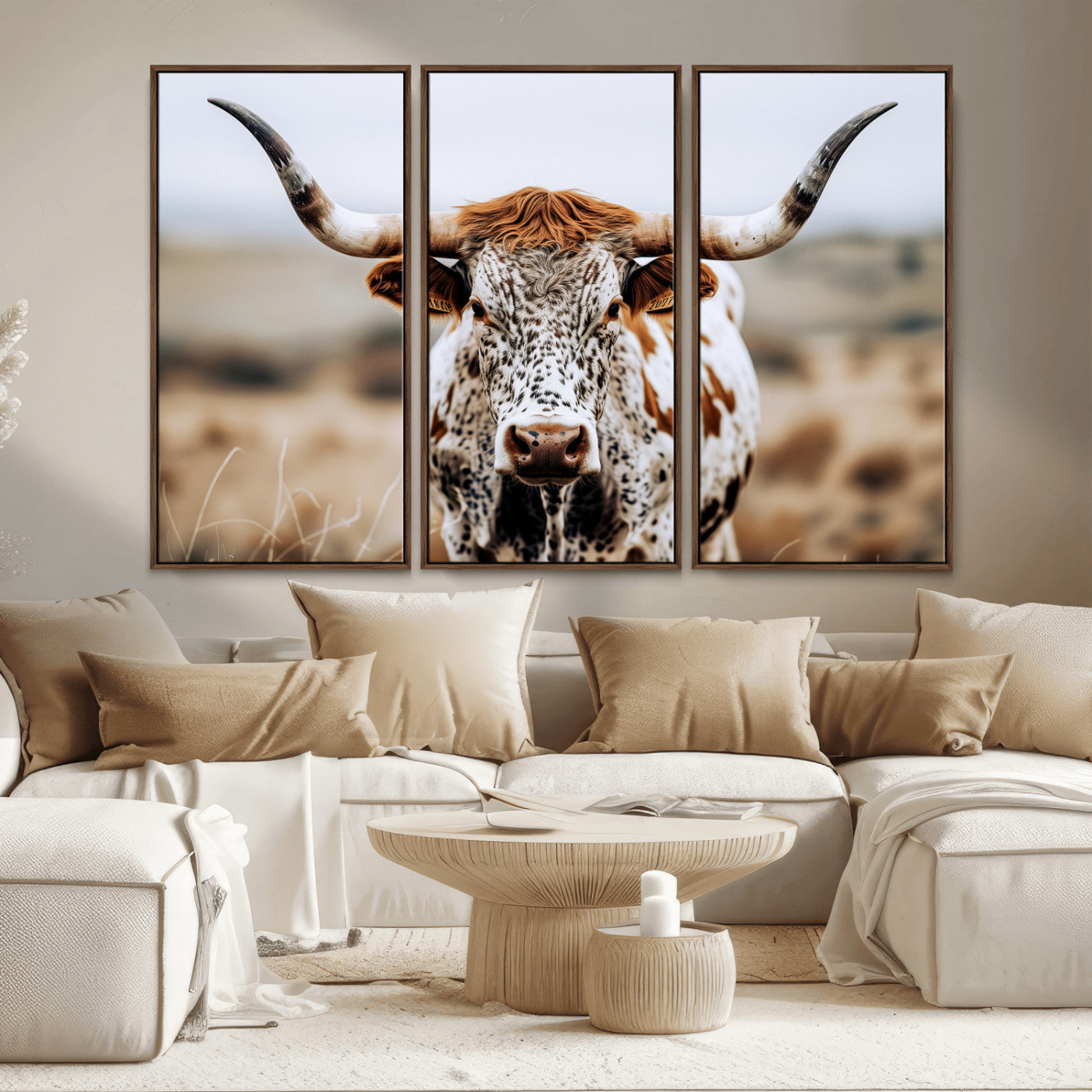 76294381-MGV-CV-36X24-Texas Longhorn Wall Art Canvas Print, Framed Spotted Cow Art Picture Print, Horned Cattle Perfect Rustic Western Decor Artwork