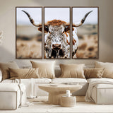 76294381-MGV-CV-36X24-Texas Longhorn Wall Art Canvas Print, Framed Spotted Cow Art Picture Print, Horned Cattle Perfect Rustic Western Decor Artwork