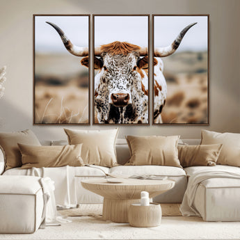 76294381-MGV-CV-36X24-Texas Longhorn Wall Art Canvas Print, Framed Spotted Cow Art Picture Print, Horned Cattle Perfect Rustic Western Decor Artwork