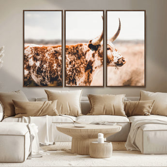 11528295-MGV-CV-36X24-Speckled Longhorn Wall Art Canvas Print, Framed Texas Cattle Art Picture Print, Horned Cow Perfect Rustic Western Decor Artwork