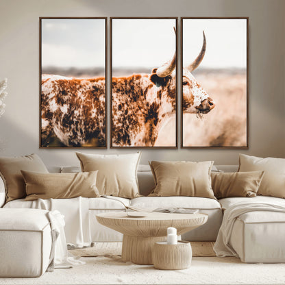 11528295-MGV-CV-36X24-Speckled Longhorn Wall Art Canvas Print, Framed Texas Cattle Art Picture Print, Horned Cow Perfect Rustic Western Decor Artwork