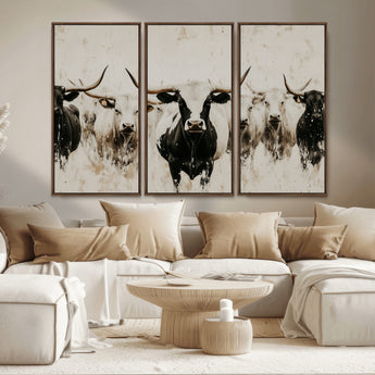 12027562-MGV-CV-36X24-Longhorn Cattle Wall Art Canvas Print, Framed Bison Herd Art Picture Print, Cattle Group Perfect Rustic Farmhouse Decor Artwork