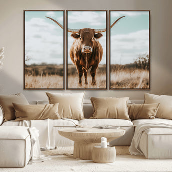 39350715-MGV-CV-36X24-Texas Longhorn Wall Art Canvas Print, Framed Longhorn Cow Art Picture Print, Western Cattle Perfect Rustic Western Decor Artwork