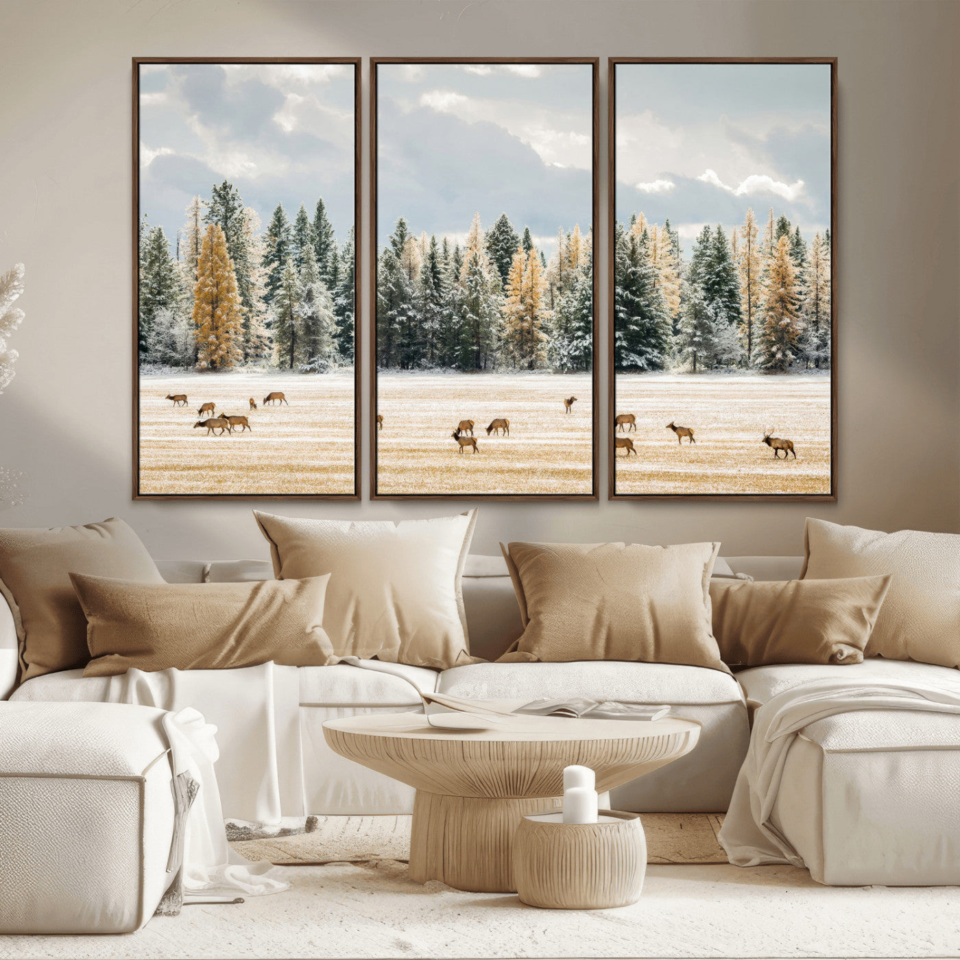 64188182-MGV-CV-36X24-Elk Herd Wall Art Canvas Print, Framed Snowy Forest Art Picture Print, Forest Elks Perfect Neutral Rustic Decor Artwork