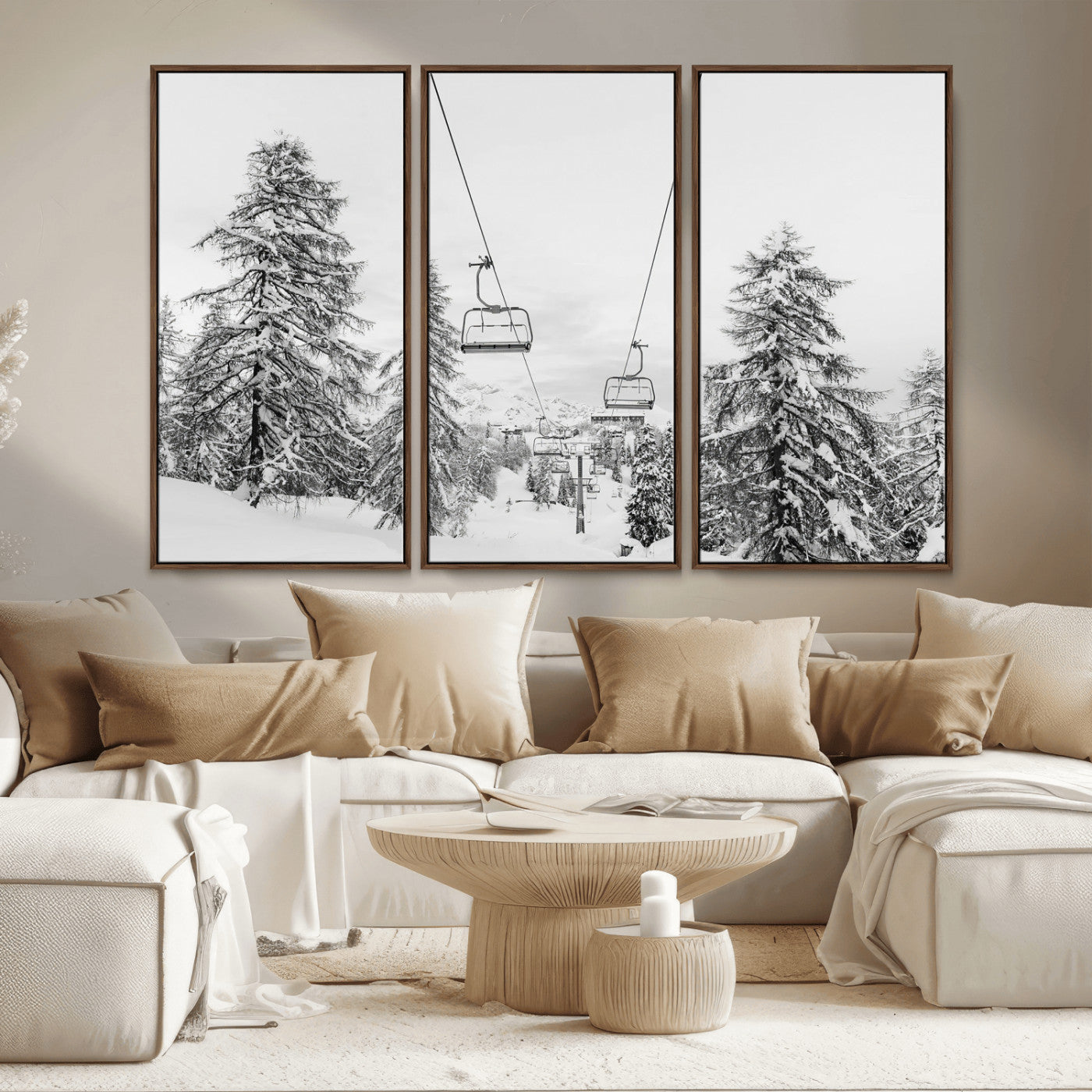 55003599-MGV-CV-36X24-Snowy Ski Lift Wall Art Canvas Print, Framed Winter Forest Art Picture Print, Ski lift Ride Perfect Winter Lodge Decor Artwork