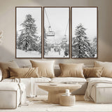 55003599-MGV-CV-36X24-Snowy Ski Lift Wall Art Canvas Print, Framed Winter Forest Art Picture Print, Ski lift Ride Perfect Winter Lodge Decor Artwork