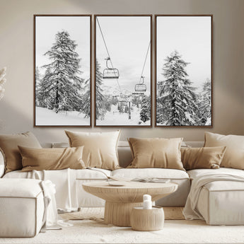 55003599-MGV-CV-36X24-Snowy Ski Lift Wall Art Canvas Print, Framed Winter Forest Art Picture Print, Ski lift Ride Perfect Winter Lodge Decor Artwork