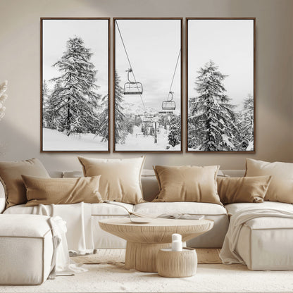 55003599-MGV-CV-36X24-Snowy Ski Lift Wall Art Canvas Print, Framed Winter Forest Art Picture Print, Ski lift Ride Perfect Winter Lodge Decor Artwork