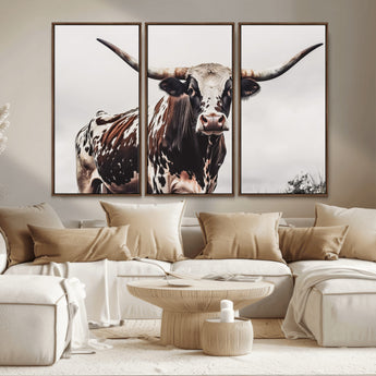 95249234-MGV-CV-36X24-Texas Longhorn Wall Art Canvas Print, Framed Spotted Bull Art Picture Print, Horned Cattle Perfect Rustic Farmhouse Decor Artwork