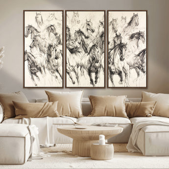 19433417-MGV-CV-36X24-Running Horses Wall Art Canvas Print, Framed Horse Sketch Art Picture Print, Galloping Herd Perfect Monochrome Western Decor