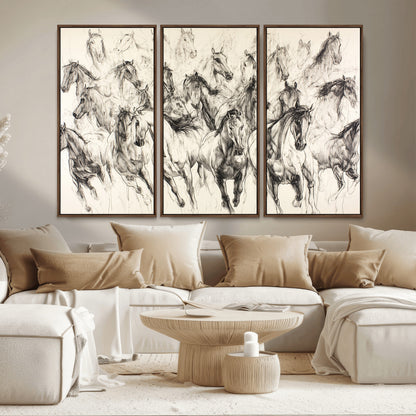19433417-MGV-CV-36X24-Running Horses Wall Art Canvas Print, Framed Horse Sketch Art Picture Print, Galloping Herd Perfect Monochrome Western Decor