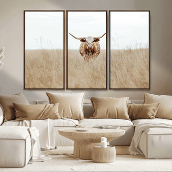 20927060-MGV-CV-36X24-Texas Longhorn Wall Art Canvas Print, Framed Lone Cattle Art Picture Print, Longhorn Bull Perfect Rustic Western Decor Artwork