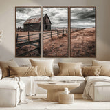 73898372-MGV-CV-36X24-Rustic Barn Wall Art Canvas Print, Framed Moody Field Art Picture Print, Weathered Fence Perfect Moody Farmhouse Decor Artwork