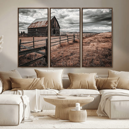 73898372-MGV-CV-36X24-Rustic Barn Wall Art Canvas Print, Framed Moody Field Art Picture Print, Weathered Fence Perfect Moody Farmhouse Decor Artwork