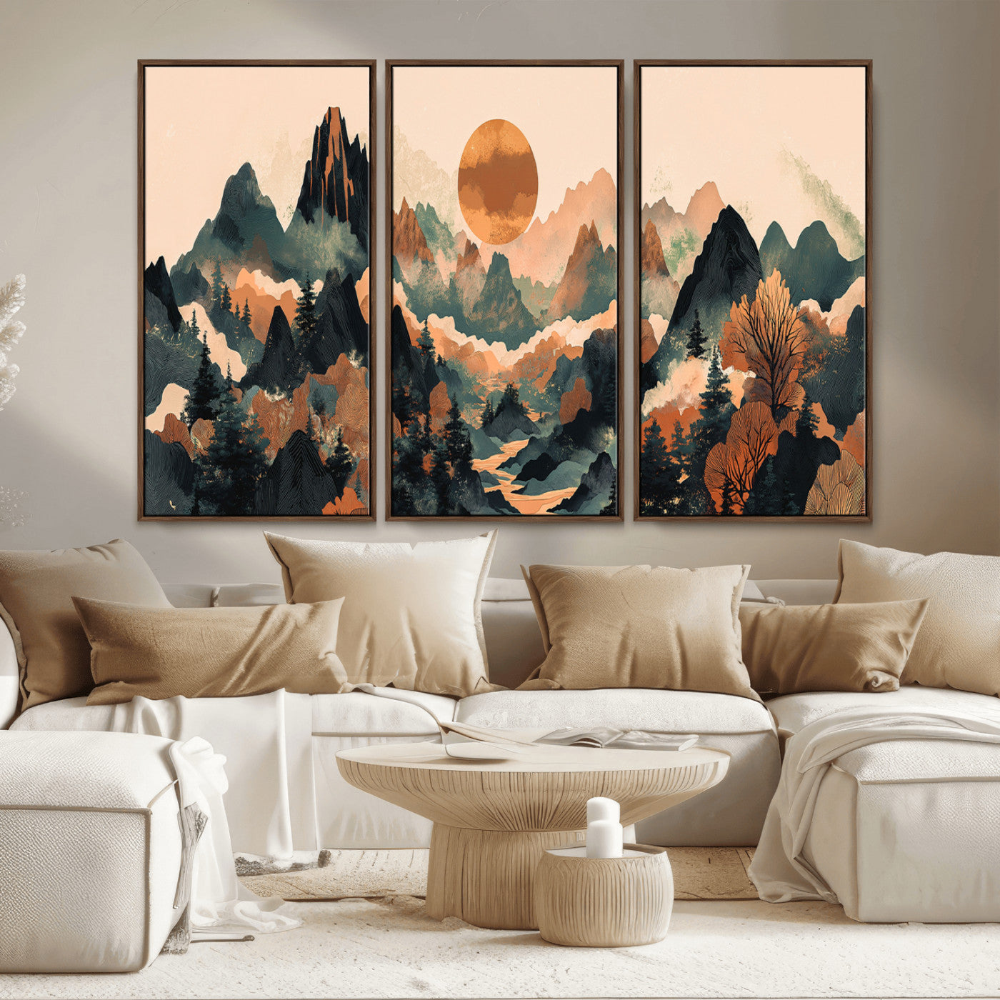 13012770-MGV-CV-36X24-Mountain Landscape Wall Art – Modern Nature Canvas Print with Sun, Misty Peaks, and Forest in Orange and Green Tones for Living