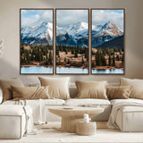 36247746-MGV-CV-36X24-Snowy Peaks Wall Art Canvas Print, Framed Alpine Lake Art Picture Print, Pine Forest Perfect Alpine Wilderness Decor Artwork