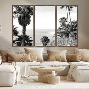 89458520-MGV-CV-36X24-Palm Trees Wall Art Canvas Print, Framed Coastal View Art Picture Print, Ocean Horizon Perfect Monochrome Coast Decor Artwork
