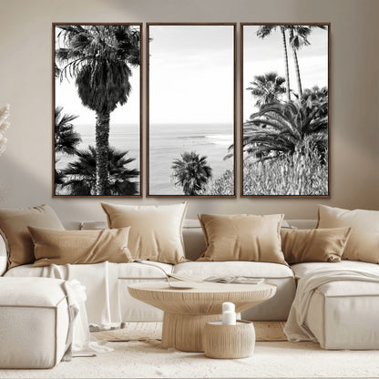 89458520-MGV-CV-36X24-Palm Trees Wall Art Canvas Print, Framed Coastal View Art Picture Print, Ocean Horizon Perfect Monochrome Coast Decor Artwork