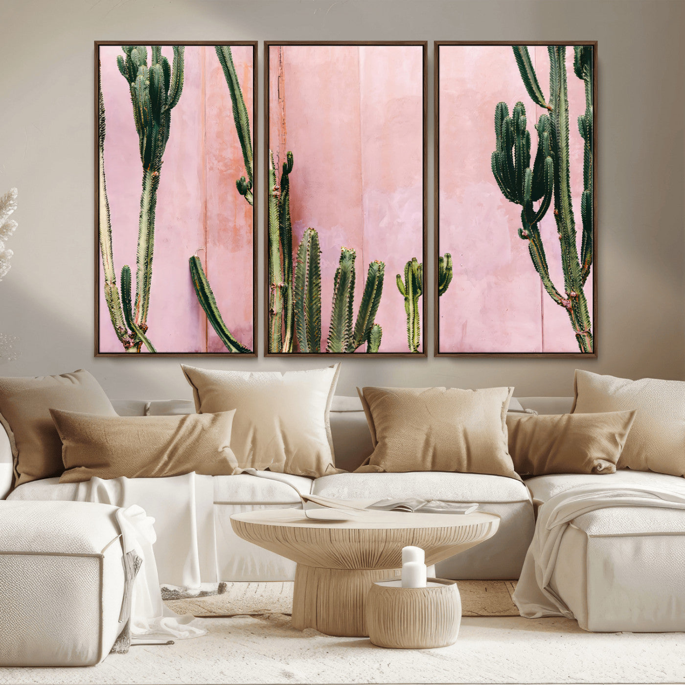 93119502-MGV-FC-48X32-3P_Walnut-Tall Cactus Wall Art Canvas Print, Framed Pink Wall Art Picture Print, Cactus Lines Perfect Modern Desert Decor Artwork