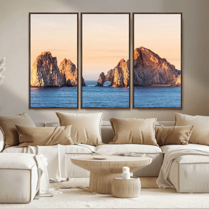 72996116-MGV-CV-36X24-El Arco Wall Art Canvas Print, Framed Cabo Rocks Art Picture Print, Ocean Arch Perfect Golden Coastal Landmark Decor Artwork