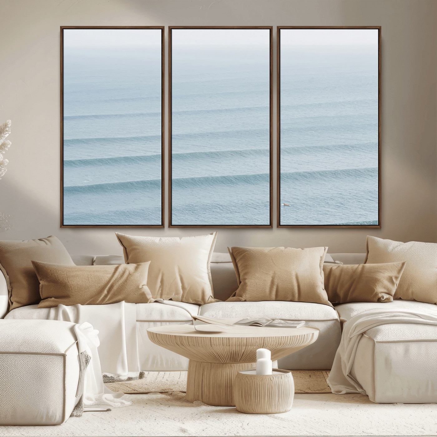 47814787-MGV-FC-48X32-3P_Walnut-Ocean Waves Wall Art Canvas Print, Framed Solo Surfer Art Picture Print, Wave Lines Perfect Minimalist Ocean Decor Artwork