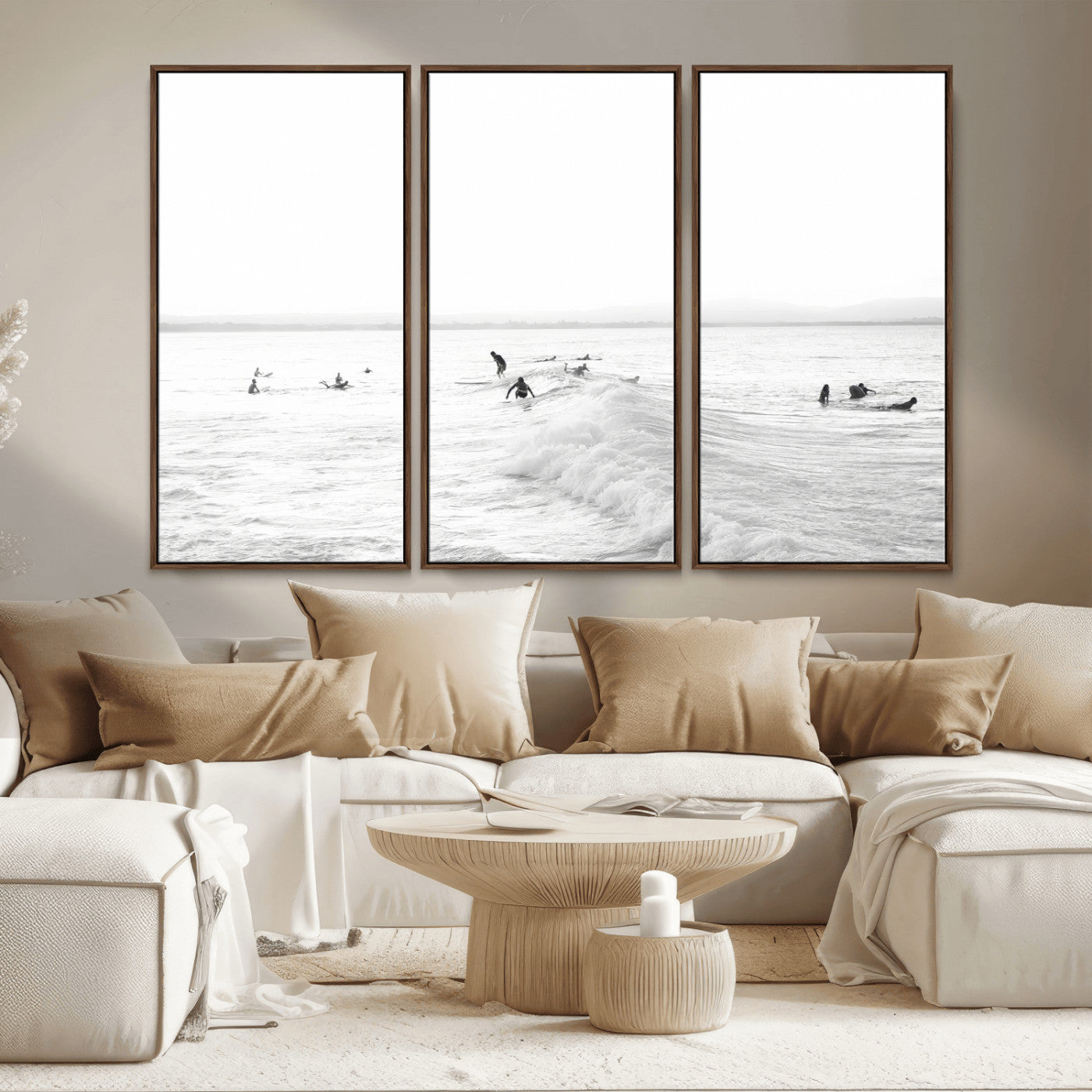 33449548-MGV-CV-36X24-Group Surfers Wall Art Canvas Print, Framed Ocean Wave Art Picture Print, Surf Crowd Perfect Monochrome Surf Decor Artwork