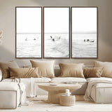 33449548-MGV-CV-36X24-Group Surfers Wall Art Canvas Print, Framed Ocean Wave Art Picture Print, Surf Crowd Perfect Monochrome Surf Decor Artwork