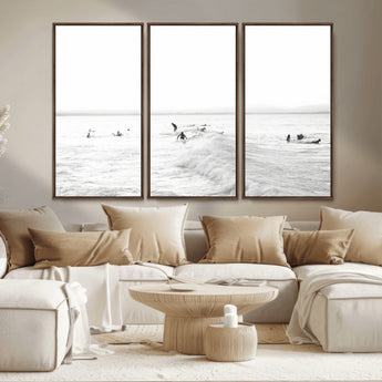 33449548-MGV-CV-36X24-Group Surfers Wall Art Canvas Print, Framed Ocean Wave Art Picture Print, Surf Crowd Perfect Monochrome Surf Decor Artwork