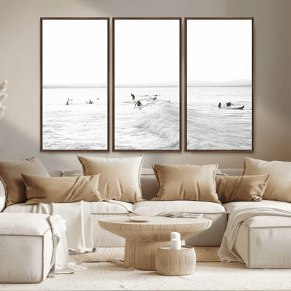 33449548-MGV-CV-36X24-Group Surfers Wall Art Canvas Print, Framed Ocean Wave Art Picture Print, Surf Crowd Perfect Monochrome Surf Decor Artwork