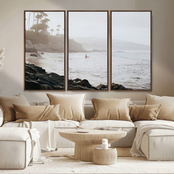 62501405-MGV-CV-36X24-Misty Beach Wall Art Canvas Print, Framed California Surfer Art Picture Print, Coastal Cliff Perfect Coastal Beach Decor Artwork