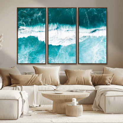 23828594-MGV-CV-36X24-Aerial Waves Wall Art Canvas Print, Framed Ocean Break Art Picture Print, Sea Foam Perfect Tropical Coastal Decor Artwork