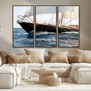 97168626-MGV-CV-36X24-Sailing Yacht Wall Art Canvas Print, Framed Wooden Yacht Art Picture Print, Ocean Waves Perfect Nautical Coastal Decor Artwork